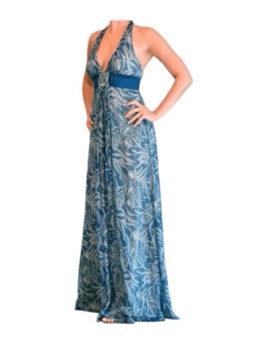 BCBG Maxi Halter Dress Womens size 2 Leaf Silk Tropical Cocktail Wedding Resort